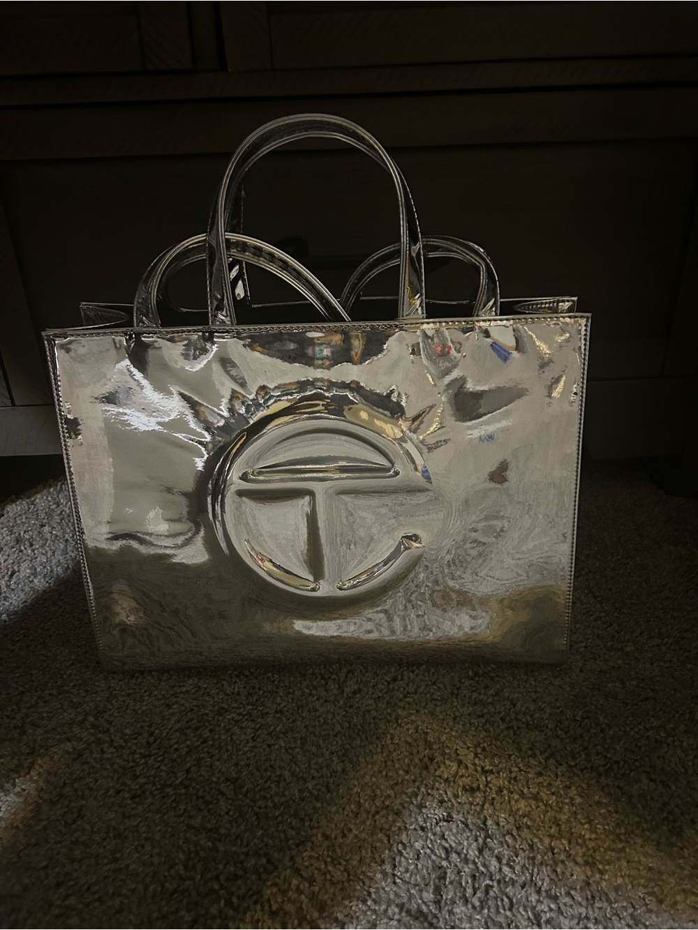 NIB Shiny Silver Patent Tote Bag with Embossed Circle Logo